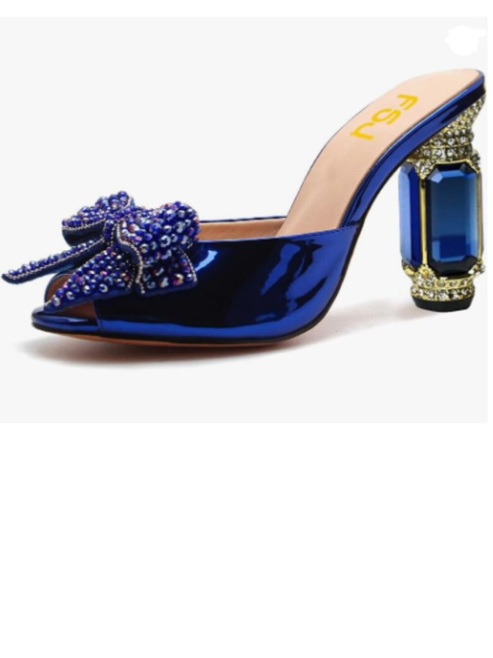 FSJ Blue Luxury Crystal Chunky Heeled Mules Rhinestone Bow Peep Toe Sandals